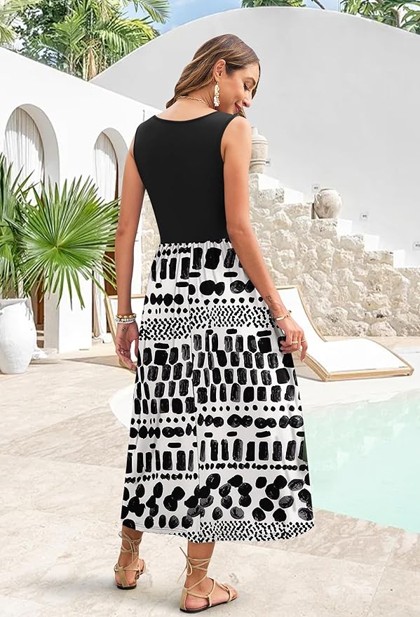WNEEDU Women's Summer Maxi Dress 2026 Casual Sleeveless Hawaiian Sundress Tropical Long Dress Beach Vacation Outfit