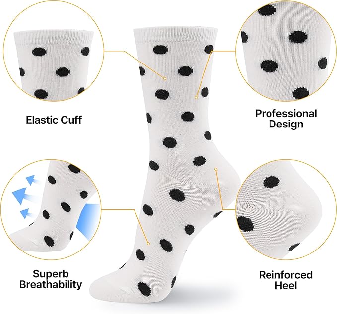 Kikiya Women's Cotton Crew Socks - Cute Flower Graphic Polka Dot Striped Heart Patterned - Ladies Girls Casual Socks Size 6-8