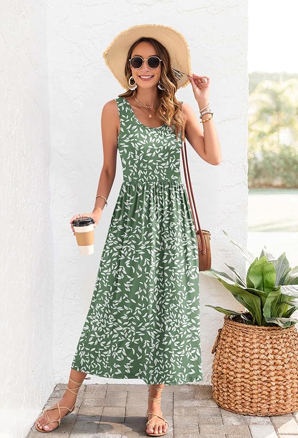 WNEEDU Women's Summer Maxi Dress 2026 Casual Sleeveless Hawaiian Sundress Tropical Long Dress Beach Vacation Outfit