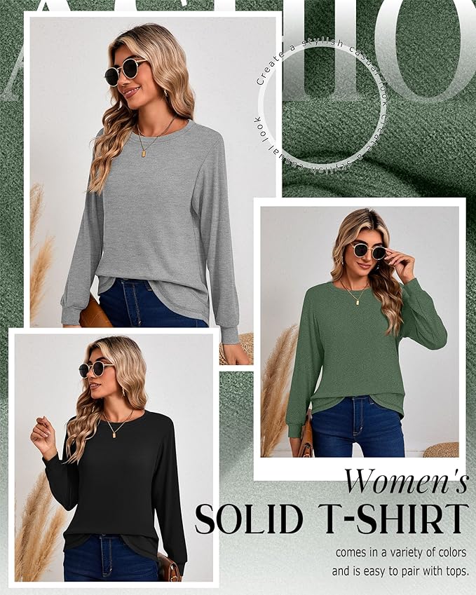 Ficerd 3 Pack Women's Long Sleeve Shirts, Cotton Crew Neck Tunic Tops Casual Loose Fit Pullover Sweatshirts Curved Hem Shirts