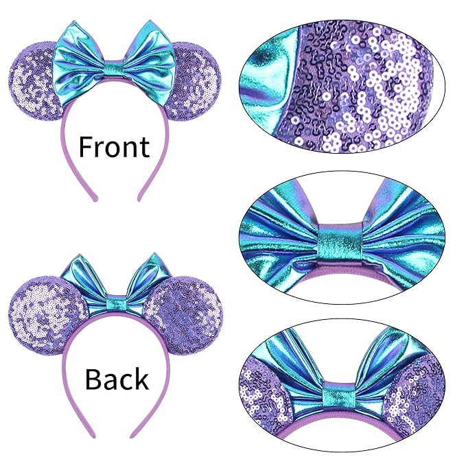 zhezesmila 2 Pcs Shiny Mouse Ears Headbands, Mermaid Mouse Ears headbands with Bow Hairs Accessories for Girls Women Adult Kids Birthday Party