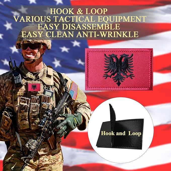 EmWoot 2PCS Albania Flag Patch Embroidered Morale Patch Military Tactical Patches Hook and Loop