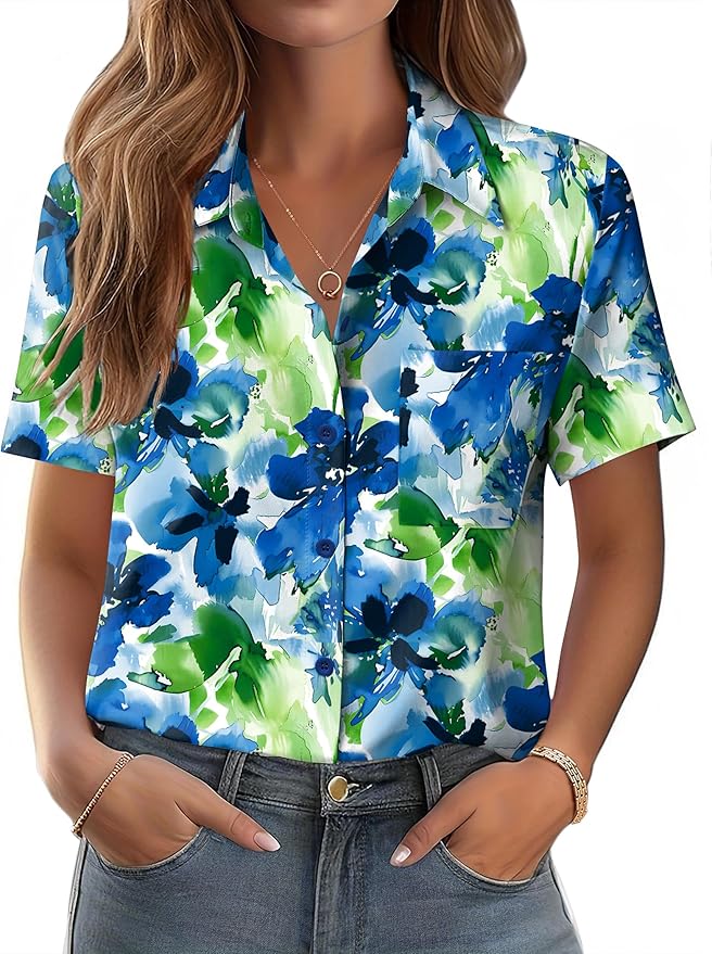 Zeagoo Womens Button Down Shirt Bust Pocket Short Sleeve Blouses Business Casual Work Tops Summer Outfits