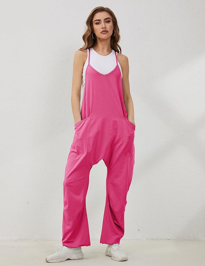 Lentta Women's Causal Jumpsuits V Neck Sleeveless Harem Overalls Stretchy Adjustable Strap Romper with Pockets
