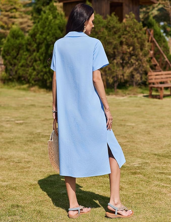 HOTOUCH Womens Dress Summer Casual Midi Short Sleeve Button Down Shirt Dresses Loose Beach Cover Up with Pockets