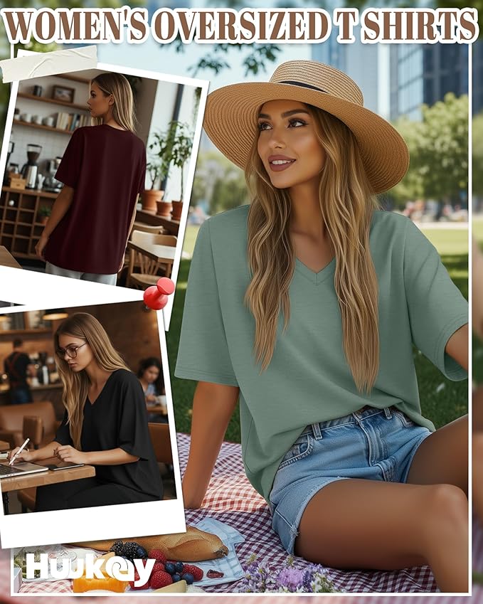 Huukeay Women's Cotton Oversized T Shirts 3 Pack V Neck Loose Fit Half Sleeve Tops Baggy Casual Summer Gym Workout Tees 2026