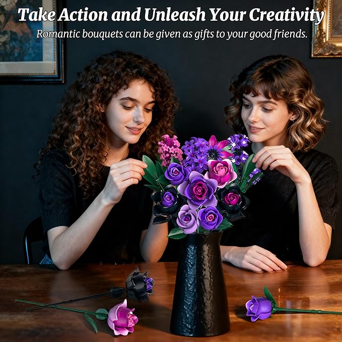 Teefrye Purple Rose Bouquet Building Set: Compatible with Lego Flowers for Adults Women Gothic Artificial Botanical Collection Halloween Christmas Valentine's Gifts Home Decor