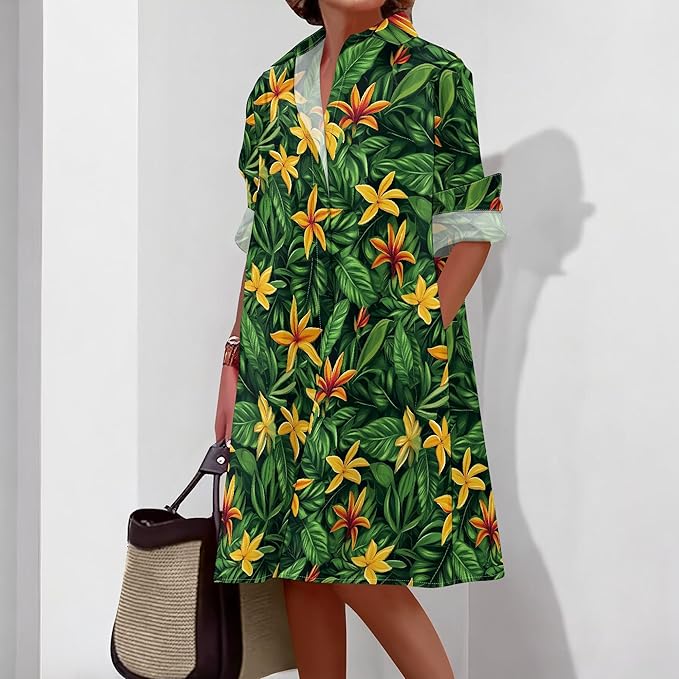 Shirt Dresses for Women 2025 Summer Long Sleeve Casual Plus Size Floral Printed Beach Vacation Dress with Pockets