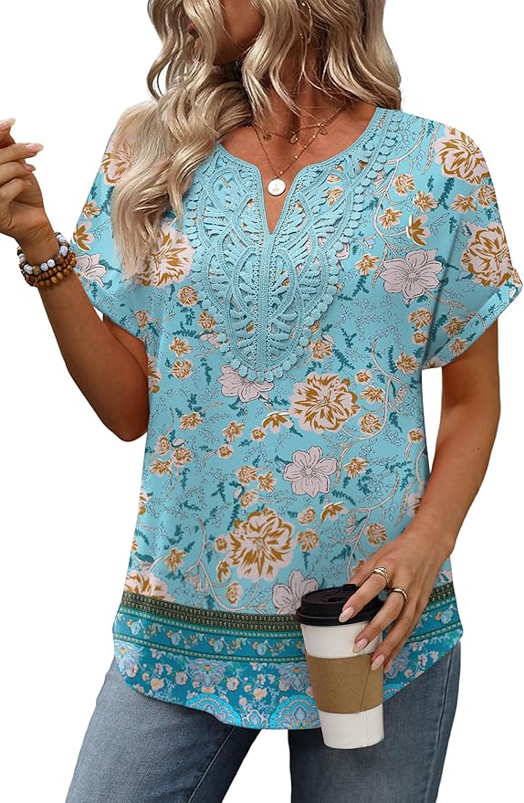 Sipaya Womens Blouses Dressy Casual Summer Shirts Short Sleeve Lace Front Boho Tunic Tops for Leggings Fashion Clothes