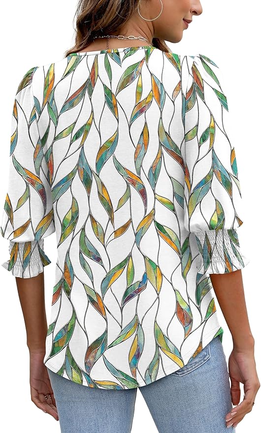 XIEERDUO Blouses for Women Dressy Casual 3/4 Length Sleeve Womens Tops with Smocked Cuffs
