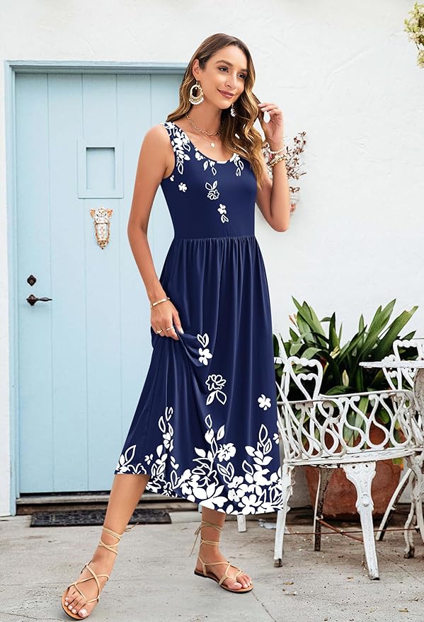 WNEEDU Women's Summer Maxi Dress 2026 Casual Sleeveless Hawaiian Sundress Tropical Long Dress Beach Vacation Outfit