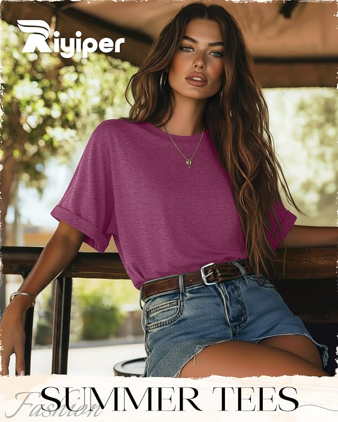 Riyiper 3 Pack Women's Oversized T-Shirt Half Sleeve Summer Tees Casual Loose Fit Crew Neck Basic Tops