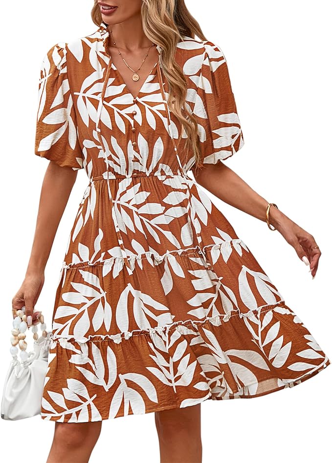 BTFBM Women Summer Floral Short Dresses V Neck Short Sleeve Tiered Ruffle Boho Swing Dress A-Line Mini Dresses