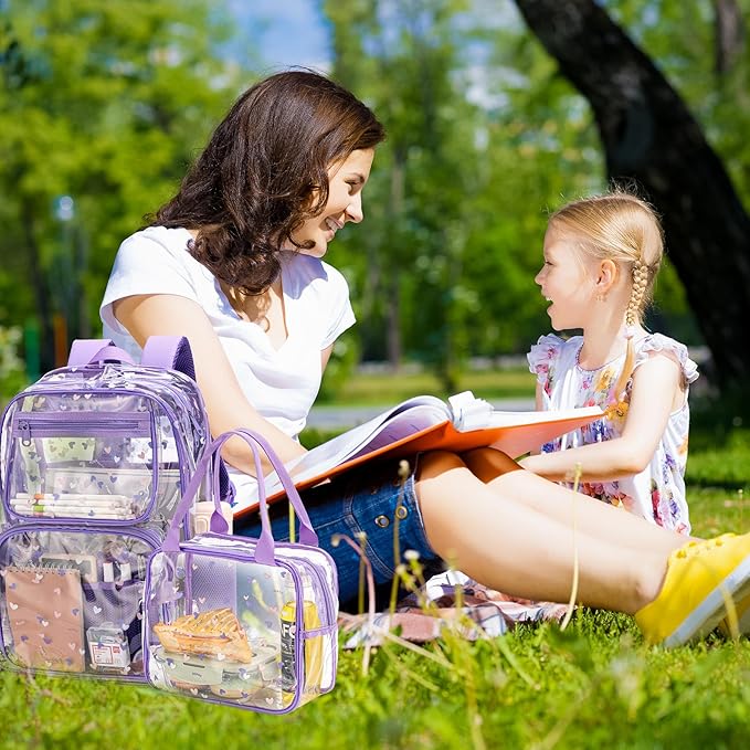 Heavy Duty Clear Backpack Lunch Bag Box Set for 8-Year-Olds - Practical and Stylish School Essentials(clear backpack & clear tote lunch bag-purple)