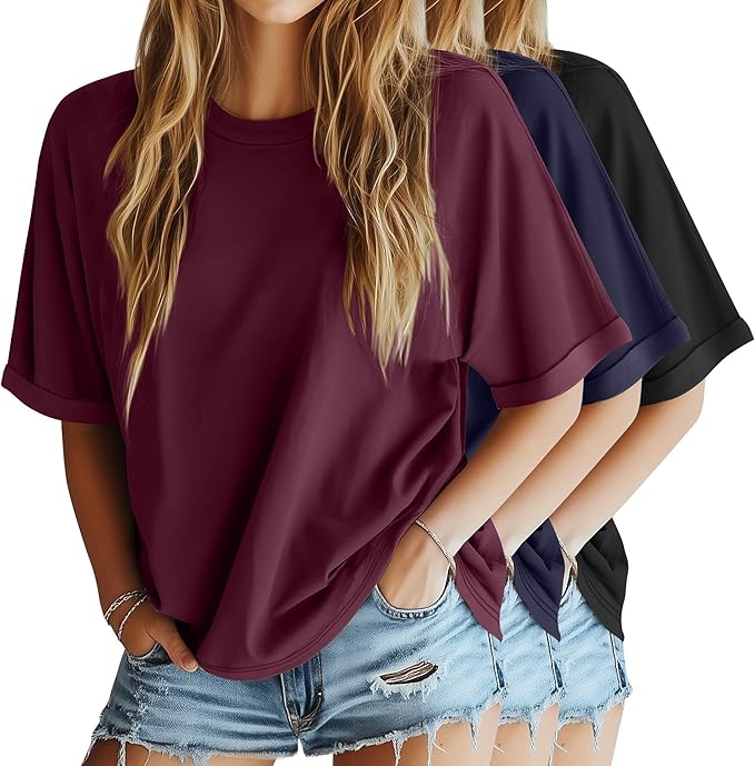 Riyiper 3 Pack Women's Oversized T-Shirt Half Sleeve Summer Tees Casual Loose Fit Crew Neck Basic Tops
