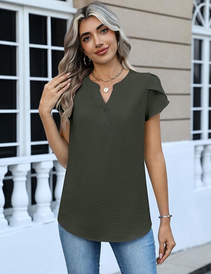 Zeagoo Womens Tops Dressy Casual Textured Blouses Cap Short Sleeve Shirts V Neck Button Up Summer Spring Work Tshirt Clothes