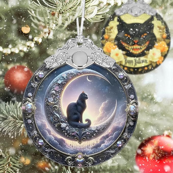 Christmas Ornaments, 3" Stained Glass Christmas Decor, Ornaments for Christmas Tree, Christmas Tree Decorations, Perfect for Holiday Party, Window, Christmas Tree, Home Decor - Witch Black Cat