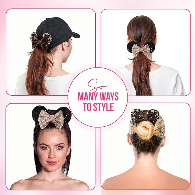 Styla Hair 2pk Mouse Ear Scrunchies for Kids Velvet Hair Bow Scrunchies for Women - Sparkle Sequins Mouse Hair Bands for Pony Tail Orejas de Minnie Mouse (Leopard)