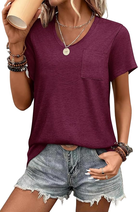 WIHOLL Women Summer T Shirts Short Sleeve Rounded V Neck Pocket Tee Tops
