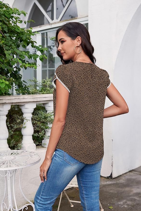 TASAMO Women's Casual Round Neck Basic Pleated Top Cap Sleeve Curved Keyhole Back Chiffon Blouse