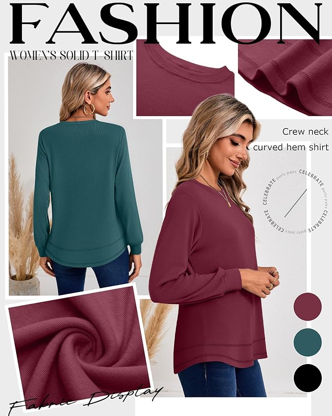 Ficerd 3 Pack Women's Long Sleeve Shirts, Cotton Crew Neck Tunic Tops Casual Loose Fit Pullover Sweatshirts Curved Hem Shirts
