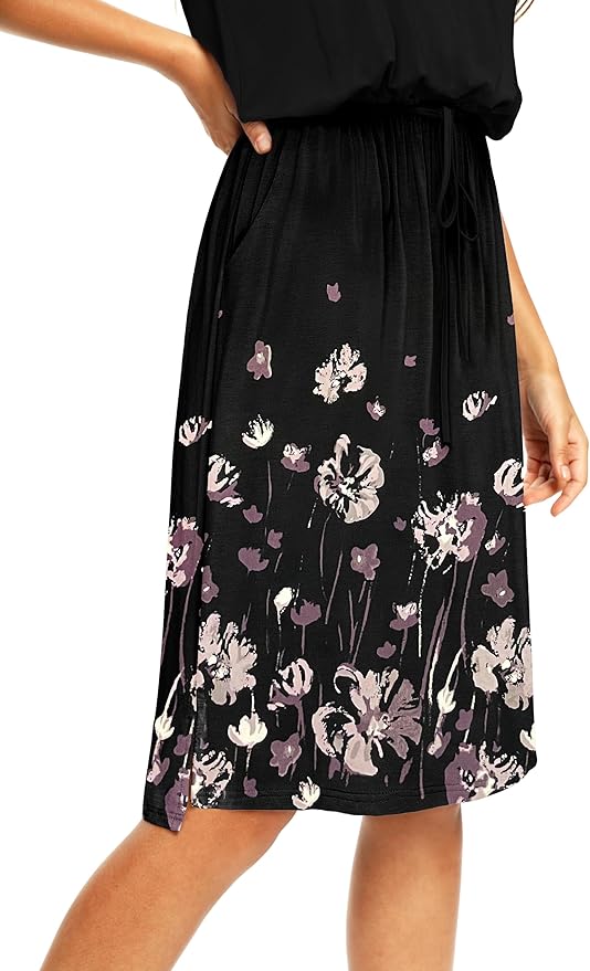 Simier Fariry Womens Spring Hide Belly Knee Length Travel Dress Pocket Summer Short Sleeve Midi Work Casual Outfits