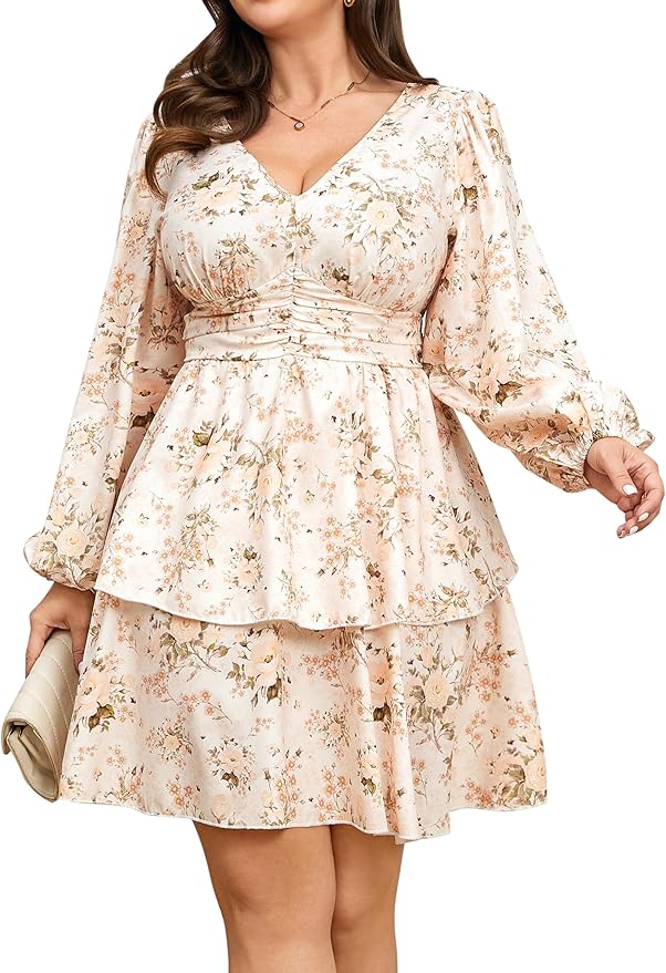 RWJ Plus Size Dresses for Curvy Women V Neck Long Sleeve Elastic Waist Fall Wedding Guest Layer Casual Mini Dress