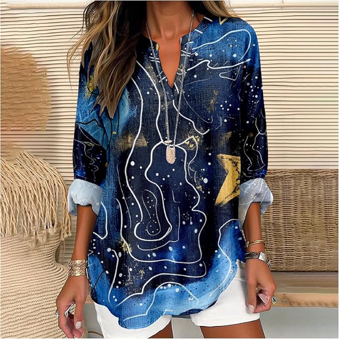 MARSVOVO V Neck Shirt For Women Boho Multi Style Blouse Long Sleeve Novelty Graphic Plus Size Pullover Tops For Women