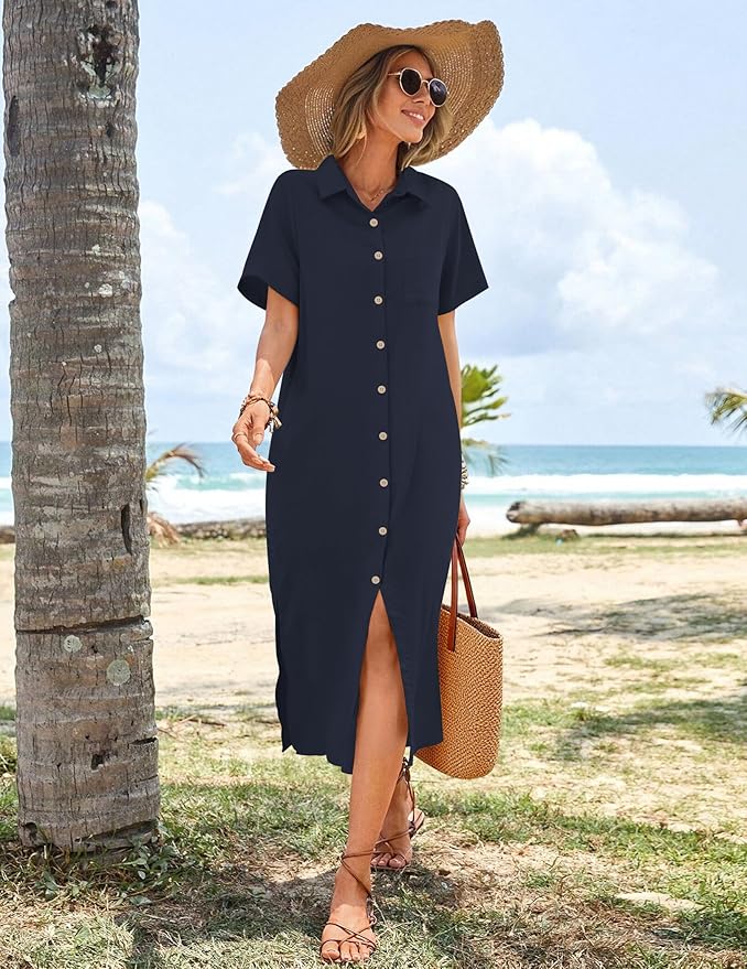 HOTOUCH Womens Dress Summer Casual Midi Short Sleeve Button Down Shirt Dresses Loose Beach Cover Up with Pockets