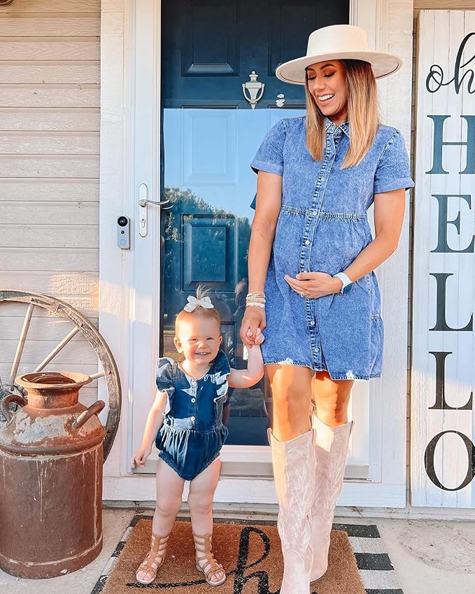 LookbookStore Women's Short Sleeve Button Down Flowy Tiered Babydoll Denim Dress
