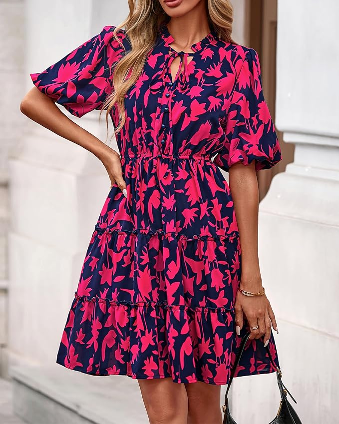 BTFBM Women Summer Floral Short Dresses V Neck Short Sleeve Tiered Ruffle Boho Swing Dress A-Line Mini Dresses