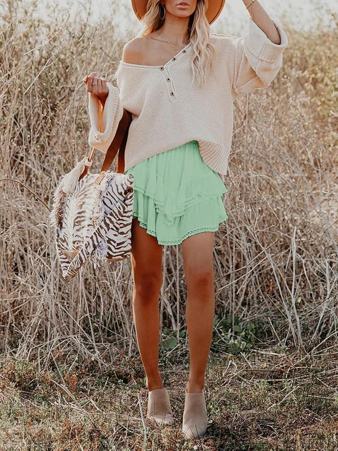 Aoudery Flowy Shorts for Women Casual Boho Ruffle Tiered Skorts High Waist Mini Skirts Golf Tennis Crochet Shorts