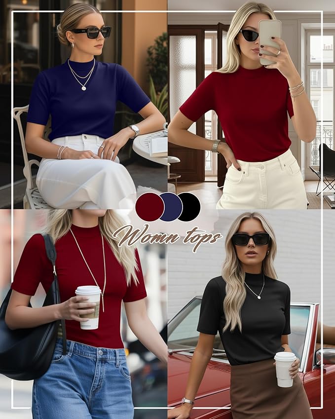 Ficerd 3 Pack Women's 1/2 Sleeve Mock Turtleneck Shirts, Elbow Length Shirt Half Sleeve Tunic Top Casual Summer Basic Tees