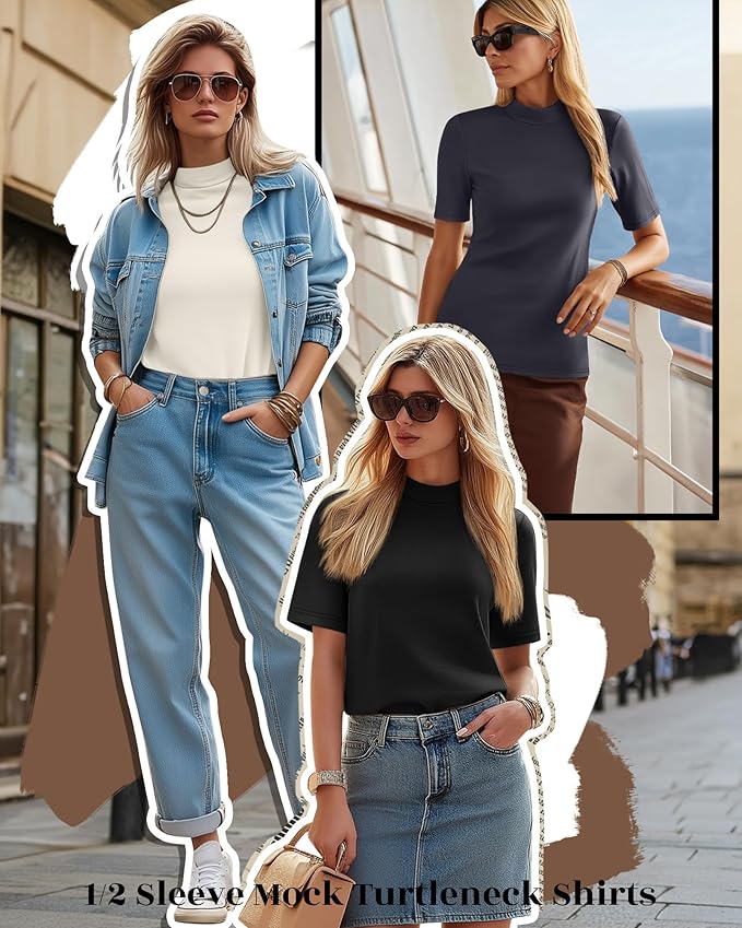Ficerd 3 Pack Women's 1/2 Sleeve Mock Turtleneck Shirts, Elbow Length Shirt Half Sleeve Tunic Top Casual Summer Basic Tees