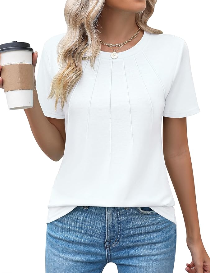 Kistore Womens Casual Crew Neck Short Sleeve Pleated Tops Blouses Fashion Clothes 2026