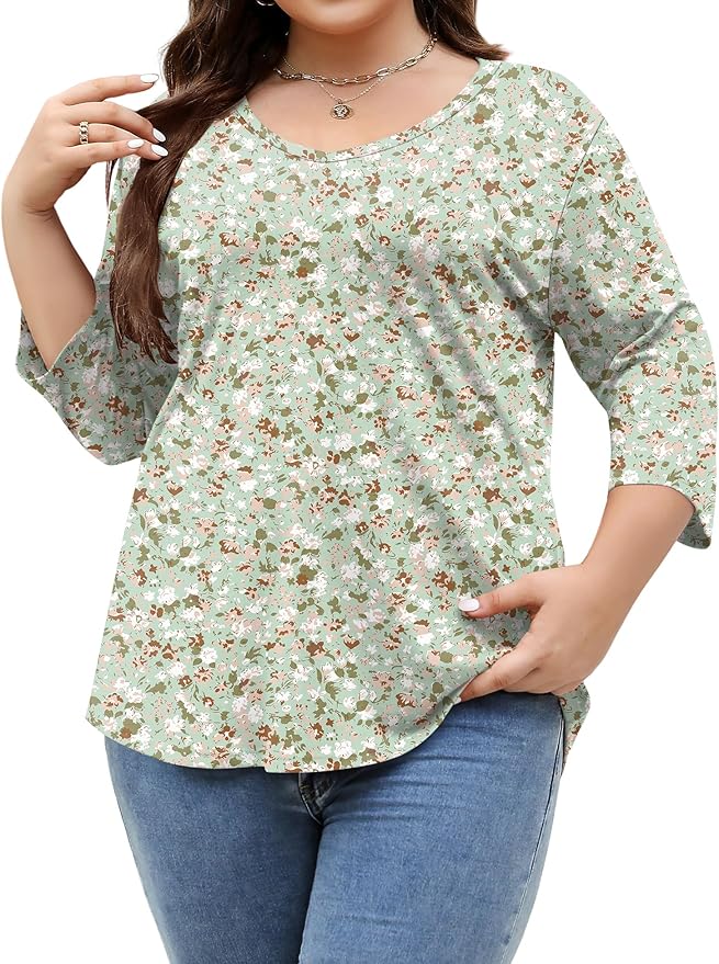 TFSDOD Womens Plus Size Tops V Neck T Shirts 3/4 Sleeve Blouse Summer Casual Tees XL-5X