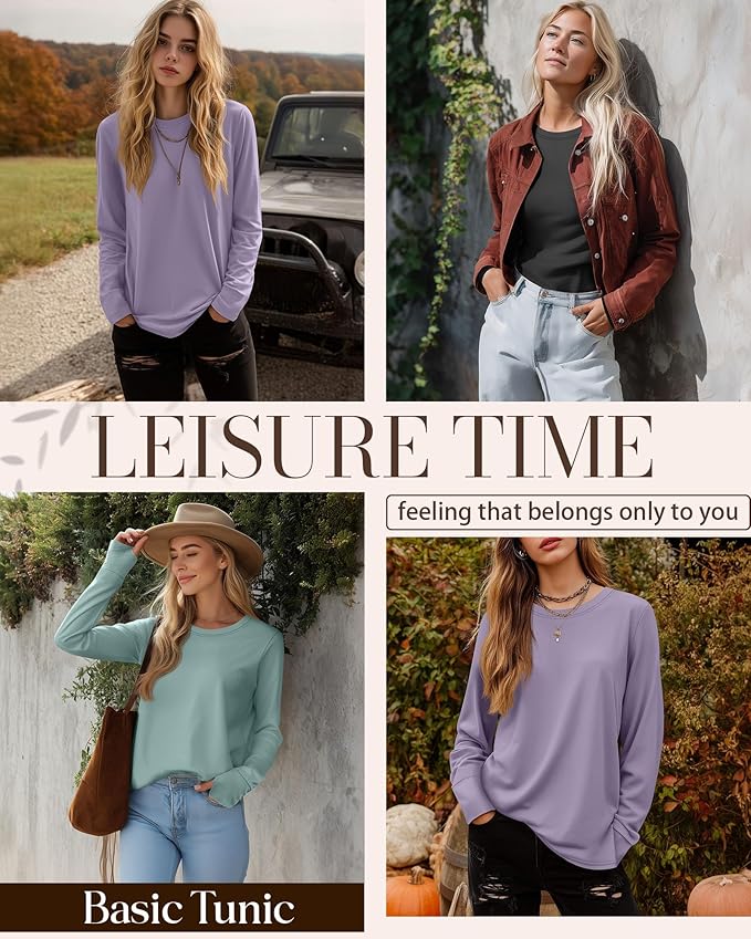 Huukeay 3 Pack Women's Long Sleeve Shirts with Thumb Holes, Cotton Casual Crew Neck Tunic Tops Fall Loose Y2k Trendy Outfits