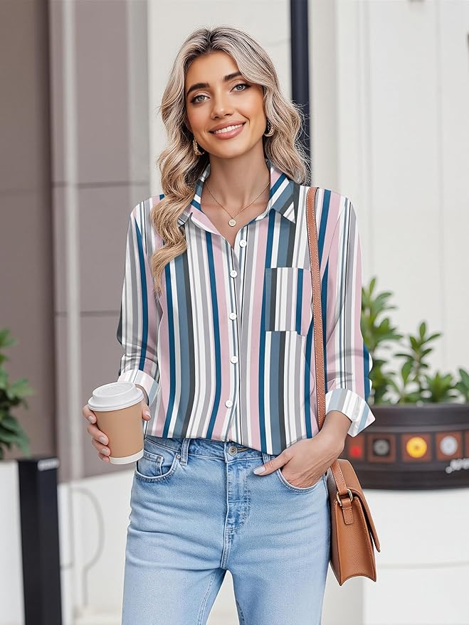 HOTOUCH Button Down Shirts for Women Long Sleeve Blouse Dressy Casual Business Work Tops with Pocket