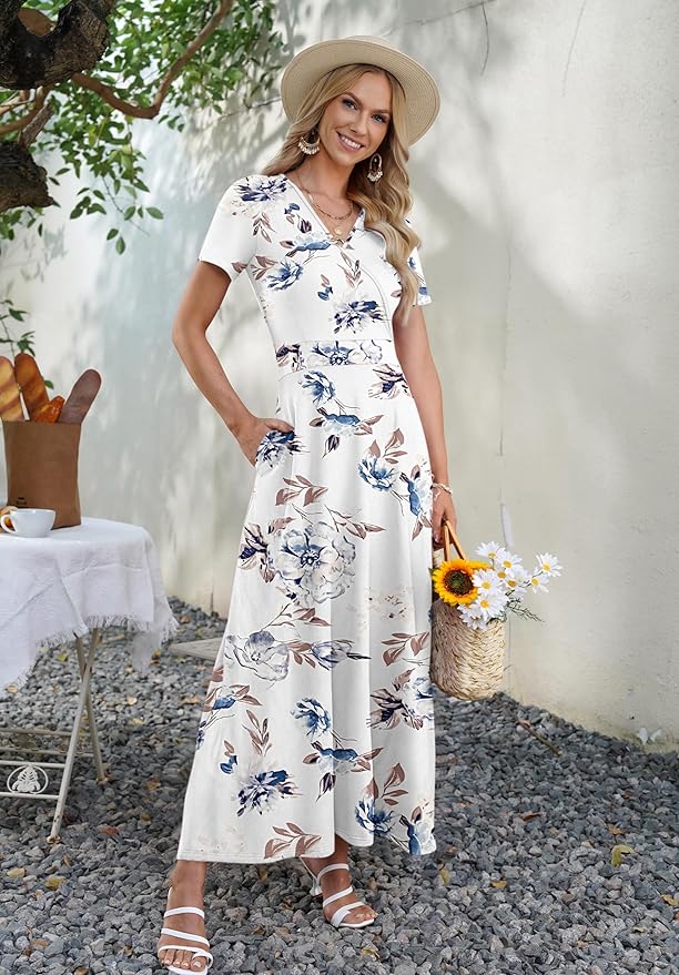AUSELILY Maxi Dresses for Women Ankle Length Floral Print Beach Long Flowy Dress with Pockets