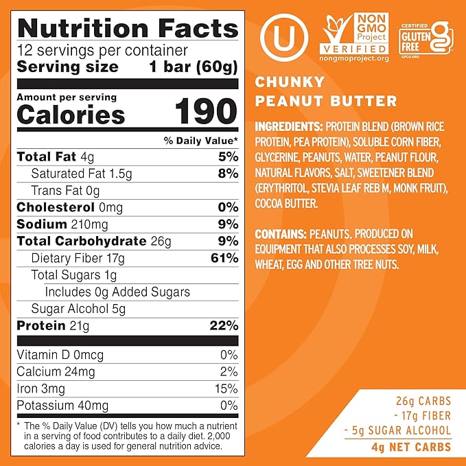 No Cow Vegan Protein Bars, Upgraded Chunky Peanut Butter | 20g Plant Based Protein, Gluten Free, Dairy Free, Soy Free, Keto Friendly, Low Sugar, High Fiber Snack Bars | Pack of 12