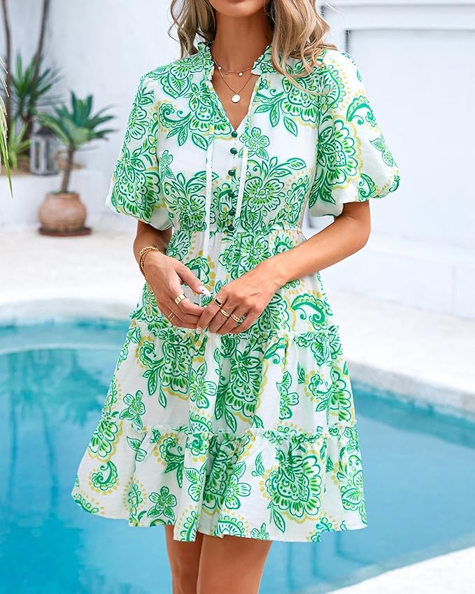 BTFBM Women Summer Floral Short Dresses V Neck Short Sleeve Tiered Ruffle Boho Swing Dress A-Line Mini Dresses