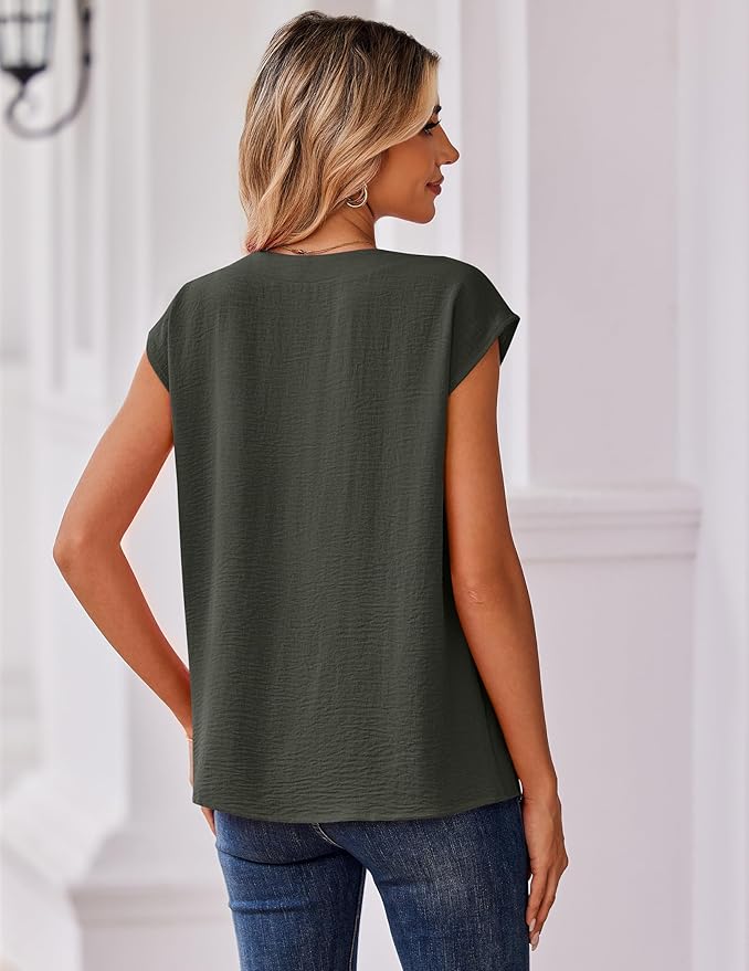 Zeagoo Womens Tops Cap Short Sleeve Textured Blouse V Neck Summer Spring Shirts Business Casual Outfits