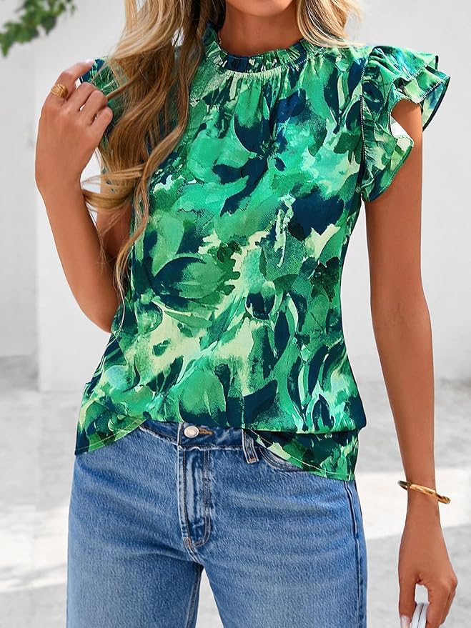 PRETTYGARDEN Women's Ruffle Short Sleeve Summer Tops 2026 Trendy Floral Trim Neck Casual Dressy Chiffon Boho Blouses Shirts