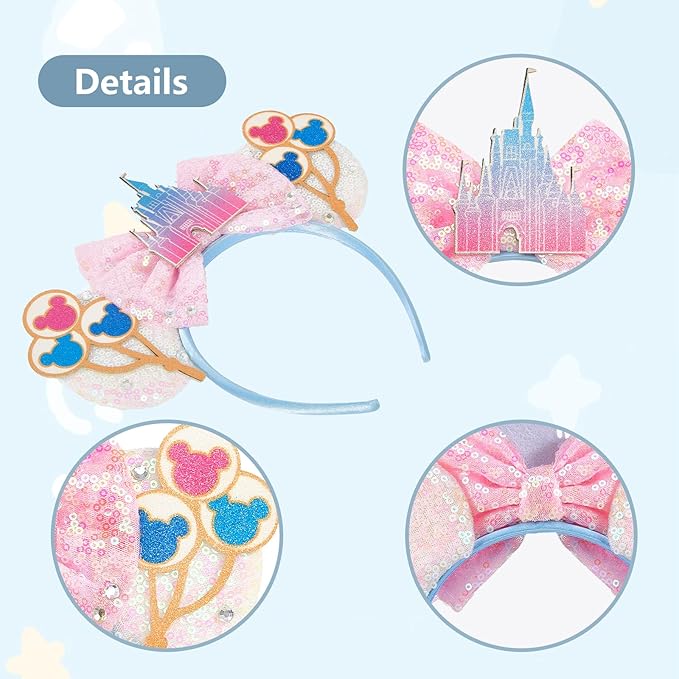 HAMUTH Mouse Ears Headband,Pink Castle Mouse Ears Hairs Accessories for Women Girls Kids,Castle Birthday Decorations for Party Trip Parks Cosplay Accessories