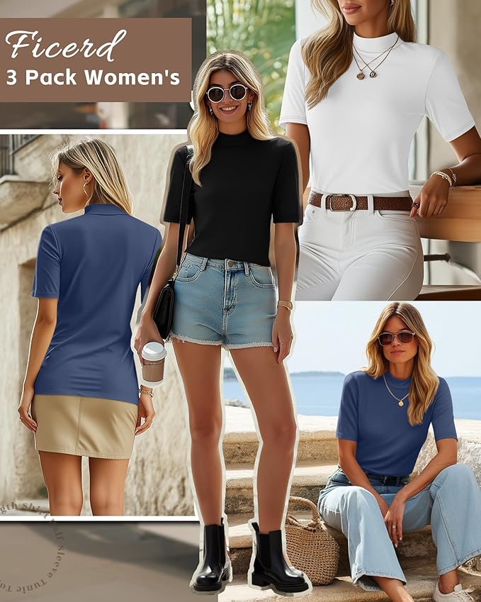 Ficerd 3 Pack Women's 1/2 Sleeve Mock Turtleneck Shirts, Elbow Length Shirt Half Sleeve Tunic Top Casual Summer Basic Tees