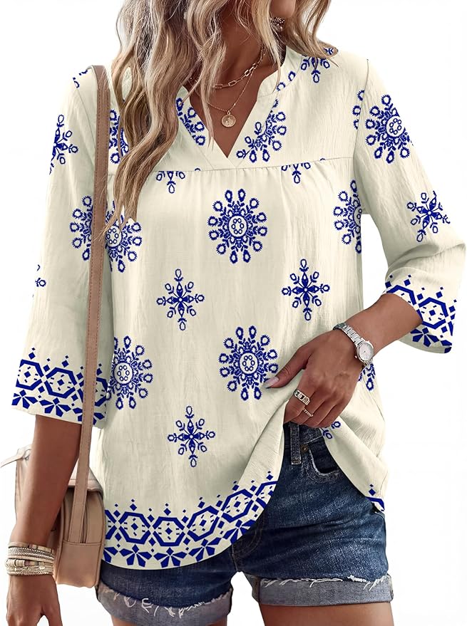 Rapbin Womens 3/4 Sleeve V Neck Floral Print Pleated Blouses for Women Dressy Casual Loose Fit Tops
