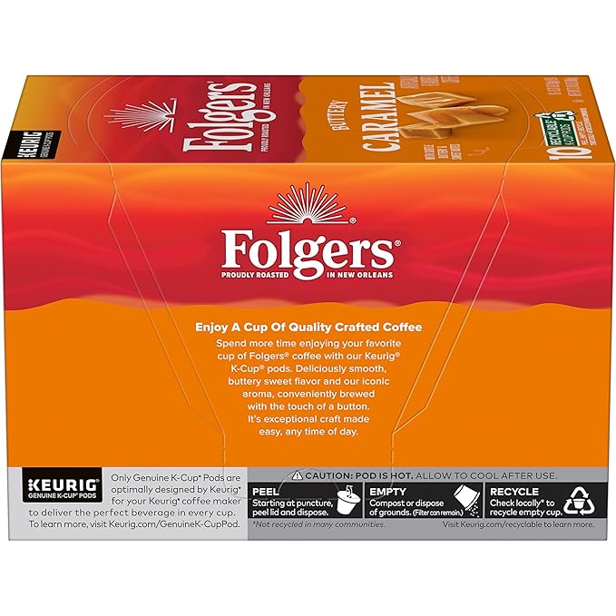 Folgers Buttery Caramel Artificially Flavored Coffee, Keurig K-Cup Pods, 10 Count Box (Pack of 6)