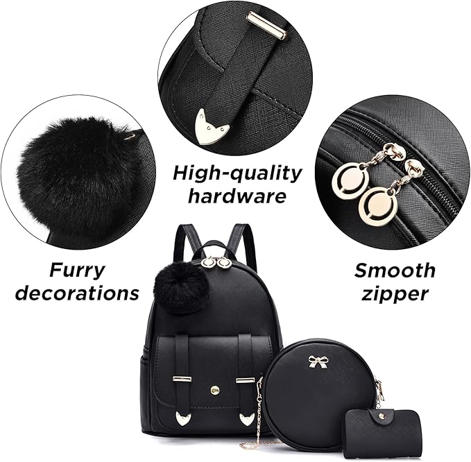 I IHAYNER Mini Backpack Purse for Teen Girls 3-PCS Fashion Backpack Cute Travel Daypacks Women Pompom Backpack Shoulder Bag