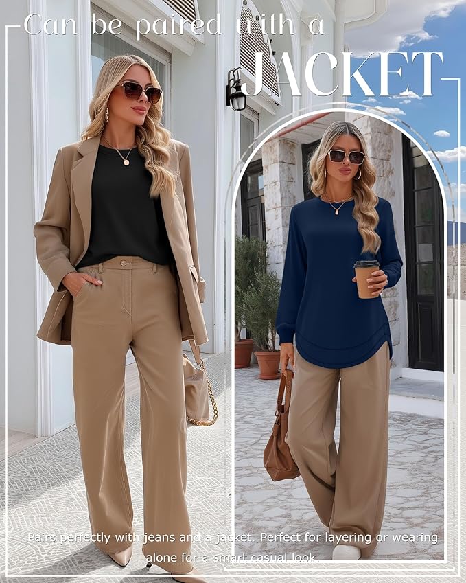 Ficerd 3 Pack Women's Long Sleeve Shirts, Cotton Crew Neck Tunic Tops Casual Loose Fit Pullover Sweatshirts Curved Hem Shirts