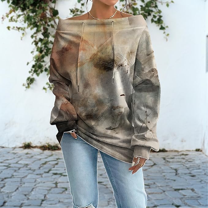 Womens Sweatshirts Floral Print Sexy Off The Shoulder T Shirts Oversized Long Sleeve Pullover Fall Tops